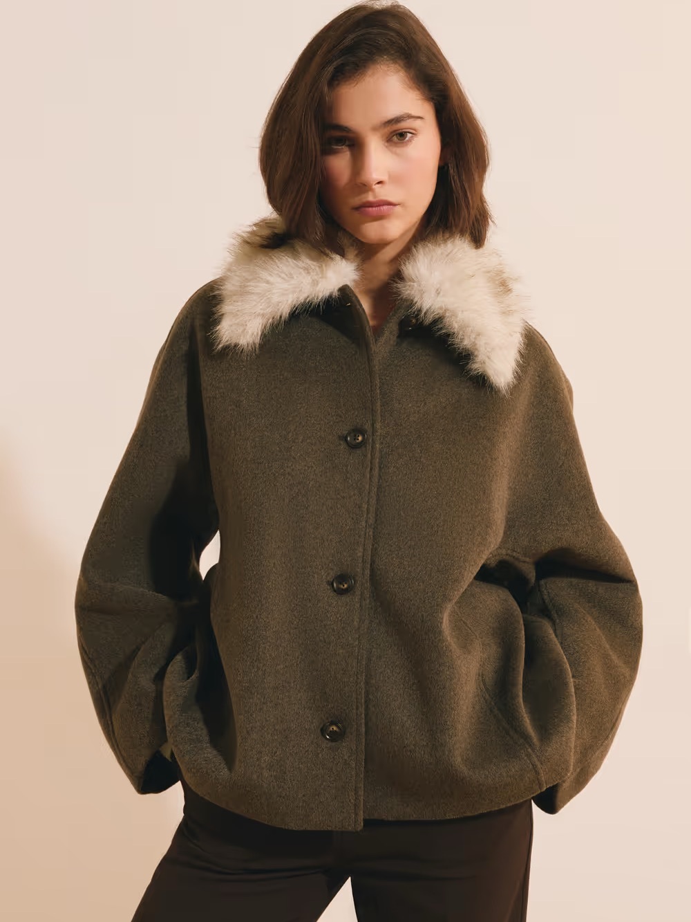 Zara Wool Coat with Detachable Faux Fur Collar